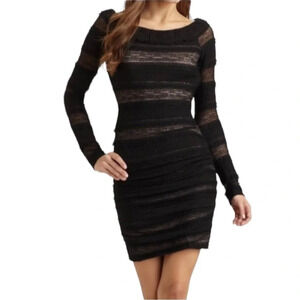 BCBG maxazria black lace on Nude body corn  long sleeve HALLE dress